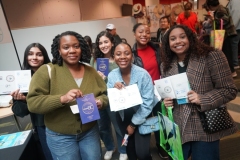 Jessica Poomkudy (back, left) enjoys the embassy tour stop at University District of Columbia with Christina Chance (front, left), Israa Ajroudi (back center); Lizzy Jones (front center), Orissa Symmonett (back, right) and Logan Walker Back (front, right).  (AFRO Photo / Patricia McDougall)