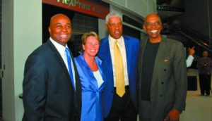 From left to right: Brian Taylor, Ann Meyers-Drysdale, Julius Erving, Joe Caldwell attend the chamber event