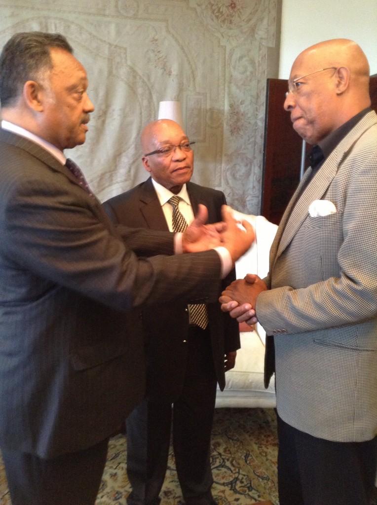 South Africa President Jacob Zuma (center) with Jesse Jackson (left) and RainbowPUSH International Director James Gomez (NNPA Photo by George E. Curry)