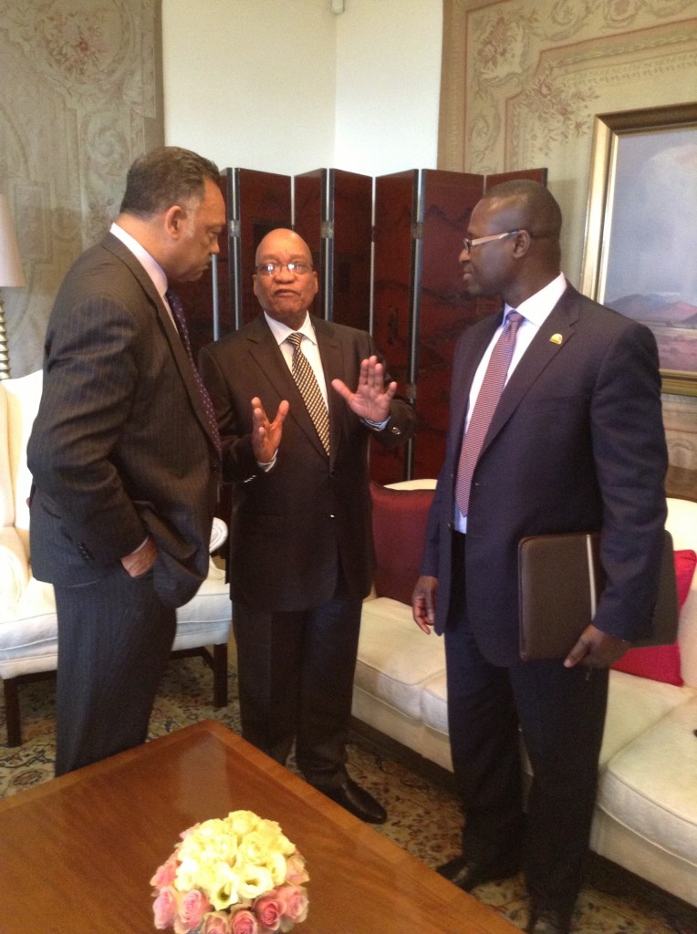 South Africa President Jacob Zuma (center) with Jesse Jackson (left) and businessman Eugene Jackson (NNPA Photo by George E. Curry)