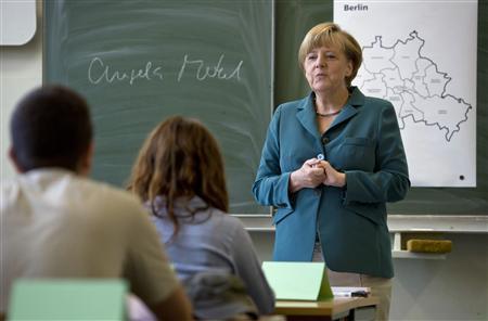 German Chancellor Merkel conducts a lecture at Heinrich Schliemann Gymnasium in Berlin