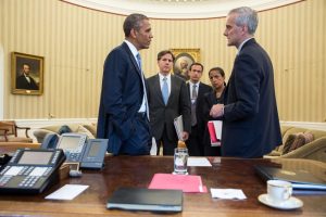 President Barack Obama talks with advisors in the Oval Office, Sept. 10, 2013. Attendees include from left: Tony Blinken, Deputy National Security Advisor; Phil Gordon, White House Coordinator for the Middle East, North Africa, and the Gulf Region; National Security Advisor Susan E. Rice; and Chief of Staff Denis McDonough. (Official White House Photo by Pete Souza)
