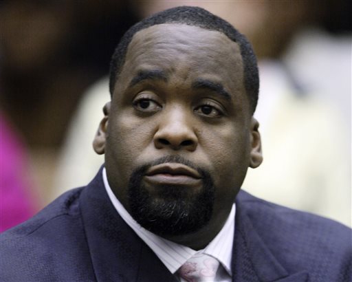 In this May 25, 2010, file photo, former Detroit Mayor Kwame Kilpatrick sits at his sentencing in Wayne County Circuit Court on an obstruction-of-justice conviction. Kilpatrick has been sentenced to 28 years in prison for corruption that turned city hall into a pay-to-play parlor. (AP Photo/Paul Sancya, File)