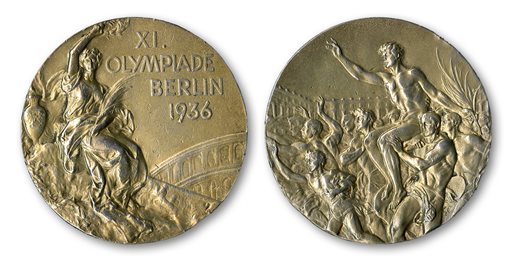 This handout provided by SCP Auctions, Inc., shows the front, left, and back, right, of one of Jesse Owens' four gold medals won at the 1936 Olympics in Berlin. SCP Auctions says the medal could go for more than $1 million when the auction opens.  (AP Photo/SCP Auctions, Inc.)