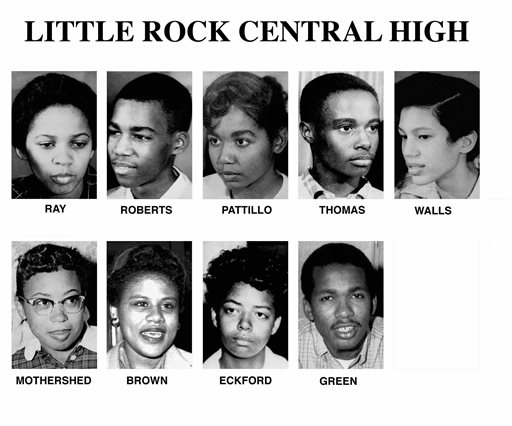 This undated file combination of photos shows Gloria Ray, Terrance Roberts, Melba Pattillo, Jefferson Thomas, Carlotta Walls, Thelma Mothershed, Minnijean Brown, Elizabeth Eckford, and Ernest Green. They are the nine students who entered Little Rock Central High under the protection of federal troops with bayonets in 1957 when Gov. Orval E. Faubus tried to block enforcement of the Supreme Court's 1954 Brown vs. Board of Education decision outlawing school segregation and  directed the Arkansas National Guard to keep the students from enrolling at the all-white Central High. President Eisenhower responded by sending in members of the Army's 101st Airborne Division to escort the students into the school on Sept. 25, 1957. Five decades and $1 billion after an infamous racial episode made Little Rock a symbol of school segregation, the legal fight to ensure all of its children receive equal access to education has ended. (AP Photo, File)