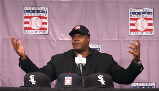 Chicago White Sox slugger Frank Thomas gestures during a news conference about his selection into the MLB Baseball Hall Of Fame Wednesday, Jan. 8, 2014, at U.S. Cellular Field in Chicago. Thomas joins Greg Maddux and Tom Glavine as first ballot inductees Wednesday, and will be inducted in Cooperstown on July 27 along with managers Bobby Cox, Joe Torre and Tony La Russa, elected last month by the expansion-era committee. (AP Photo/Charles Rex Arbogast)