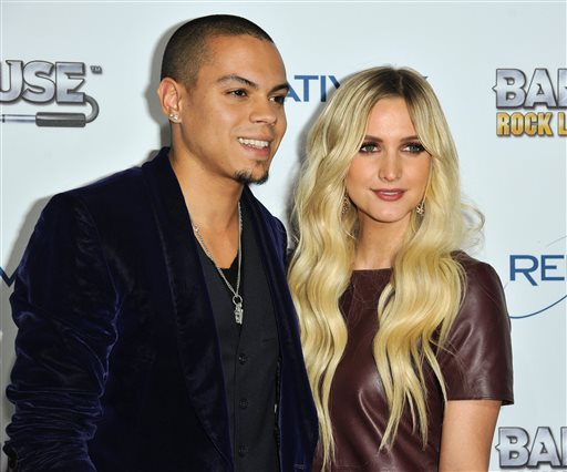 This Nov. 12, 2013 file photo shows Evan Ross, left, and Ashlee Simpson at the "Bandfuse: Rock Legends" video game launch in Los Angeles. Simpson is engaged to boyfriend Evan Ross, who is the son of Diana Ross. The pair announced the news on Twitter Monday, Jan. 13, 2014, confirmed Simpsons publicist Janet Ringwood. Simpson was previously married to Fall Out Boy bassist Pete Wentz. They have a five-year-old son named Bronx.  Ross is an actor who will appear in the final two installments of The Hunger Games. (Photo by Richard Shotwell/Invision/AP, File)