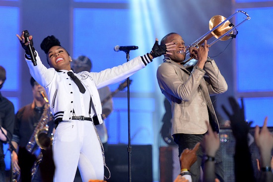 Janelle Monae and Trombone Shorty during the halftime show of the 63rd NBA All-Star Game 2014  at the Smoothie King Center on February 16, 2014 in New Orleans, Louisiana.