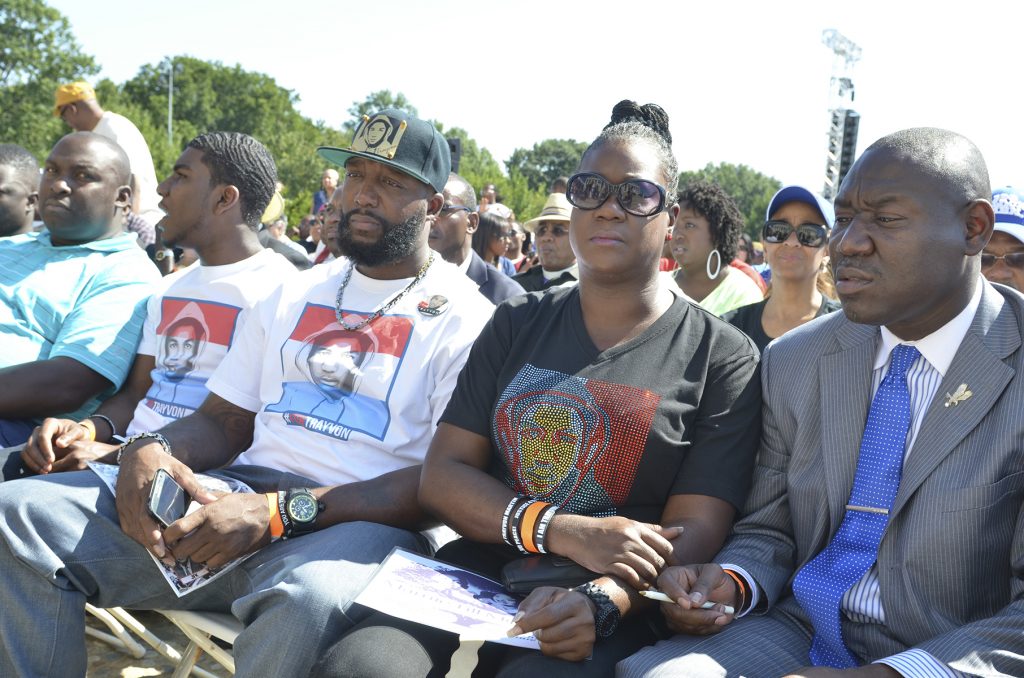 Seated from right to left at 50th anniversary of March on Washington: Attorney Ben Crump,; Sybrina Fulton, victim’s mother; Tracy Martin, father, and Jahvaris Fulton, brother (NNPA Photo by Freddie Allen)