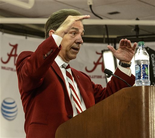 Alabama Coach Nick Saban discusses the signing day successes of 2014, Wednesday, Feb. 5, 2014, at the Mal Moore Athletic Facility in Tuscaloosa, Ala. (AP Photo/The Birmingham News, Vasha Hunt)