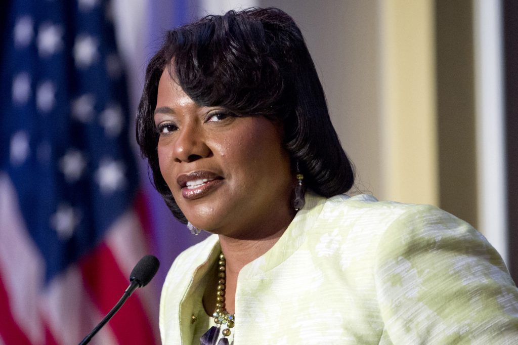 Rev. Bernice King, the daughter of civil rights leader Martin Luther King Jr., speaks during a  "I Have a Dream" Gospel Brunch at Willard Hotel in Washington Sunday,  Aug. 25, 2013. The brunch program highlights the music that inspired King during his lifetime and celebrates the historic speech he finished at the Willard Hotel in August 1963.  (AP Photo/Jose Luis Magana)