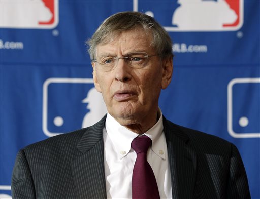 In this Aug. 15, 2013, file photo, Baseball Commissioner Bud Selig speaks during a news conference in Cooperstown, N.Y. (AP Photo/Mike Groll, File)