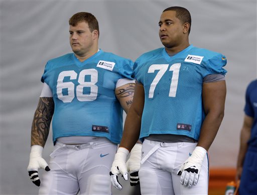 In this July 24, 2013, file photo, Miami Dolphins guard Richie Incognito (68) and tackle Jonathan Martin (71) stand on the field during NFL football practice in Davie, Fla.  (AP Photo/Lynne Sladky, File)