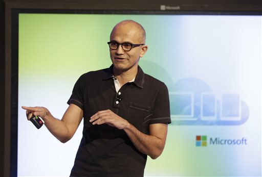 Microsoft CEO Satya Nadella gestures while speaking during a press briefing on the intersection of cloud and mobile computing Thursday, March 27, 2014, in San Francisco. Microsoft unveiled Office for the iPad, a software suite that includes programs such as Word, Excel and PowerPoint, and works on rival Apple Inc.'s hugely popular tablet computer. (AP Photo/Eric Risberg)