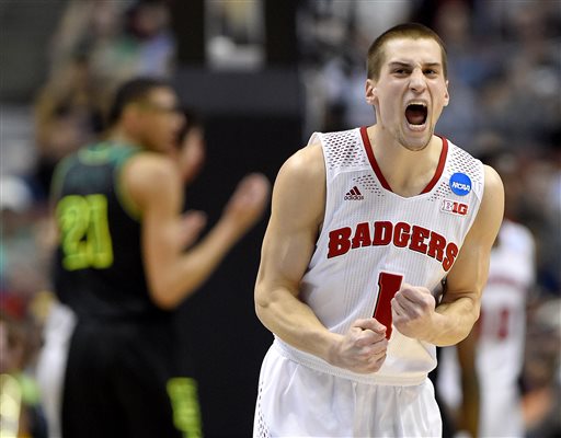 Wisconsin guard Ben Brust (1) reacts during the first half of an NCAA college basketball tournament regional semifinal against Baylor, Thursday, March 27, 2014, in Anaheim, Calif. (AP Photo/Mark J. Terrill)