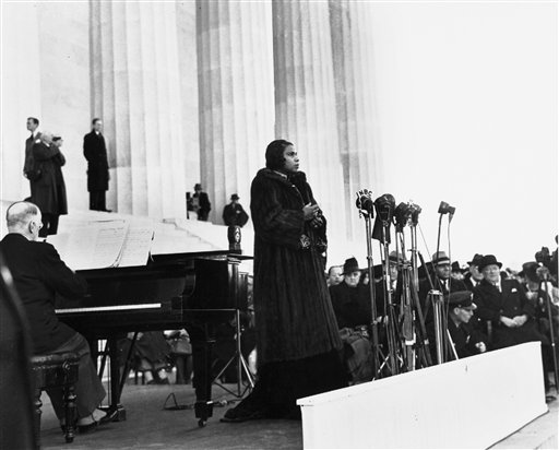 This April 9, 1939 file photo shows singer Marian Anderson performing on the steps of Washington's Lincoln Memorial on Easter Sunday after she had been refused permission to perform in Washington's Constitution Hall by the hall's owners, the Daughters of the American Revolution.  (AP Photo, File)