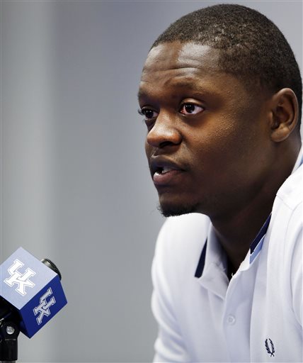 Kentucky's Julius Randle announces he will enter his name in the NBA draft during a news conference in Lexington, Ky., Tuesday, April 22, 2014. (AP Photo/James Crisp)