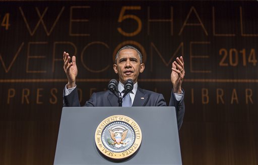 President Barack Obama gives a keynote address during the Civil Rights Summit on Thursday, April 10, 2014, in Austin, Texas.  (AP Photo/Austin American-Statesman, Ricardo B. Brazziell)