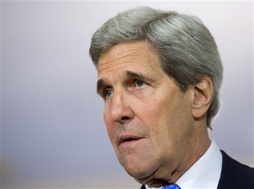 Secretary of State John Kerry speaks to members of the media at the State Department in Washington, Tuesday, April 29, 2014, during his meeting with Egyptian Foreign Minister Nabil Fahmy.  (AP Photo)