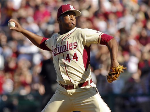 In this March 2, 2014, file photo, Florida State relief pitcher Jameis Winston sits in the dugout in the sixth inning of an NCAA college baseball game against Miami in Tallahassee, Fla. The Florida State baseball team has indefinitely suspended Heisman Trophy winner Jameis Winston, who is a relief pitcher for the Seminoles. Baseball coach Mike Martin said in a statement Wednesday, April 30, 2014, that Winston was issued a citation the night before, but he did not give specifics. The Leon County Sheriff's Office has declined comment. (AP Photo/Phil Sears, File)