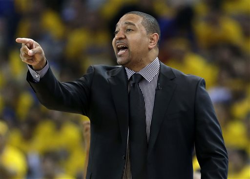 Golden State Warriors head coach Mark Jackson instructs his team against the Los Angeles Clippers during the first half in Game 4 of an opening-round NBA basketball playoff series on Sunday, April 27, 2014, in Oakland, Calif. (AP Photo/Marcio Jose Sanchez)