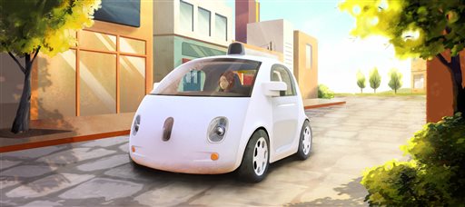 This image provided by Google shows an artistic rendering of the company's self-driving car. The two-seater won't be sold publicly, but Google on Tuesday, May 27, 2014 said it hopes by this time next year, 100 prototypes will be on public roads. (AP Photo/Google)