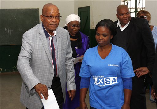 South African president and leader of the African National Congress (ANC), Jacob Zuma, casts his vote in Ntolwane, rural KwaZulu Natal province, South Africa, Wednesday, May 7, 2014. South Africans voted Wednesday in elections that are expected to see the ruling African National Congress return to power despite a vigorous challenge from opposition parties seeking to capitalize on discontent with corruption and economic inequality. (AP Photo)