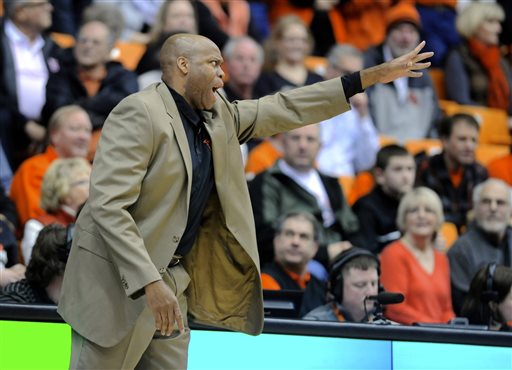 In this Feb. 2, 2014 file photo, Oregon State's head coach Craig Robinson gestures during a game against UCLA in Corvallis, Ore. Oregon State fired Robinson, Monday, May 5, 2014,  after six seasons without making the NCAA tournament.   (AP Photo/Greg Wahl-Stephens, File)
