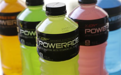 Powerade bottles in various flavors are photographed in San Francisco, Monday, May 5, 2014. A controversial ingredient, brominated vegetable oil, is being removed from some Powerade sports drinks. (AP Photo/Jeff Chiu)