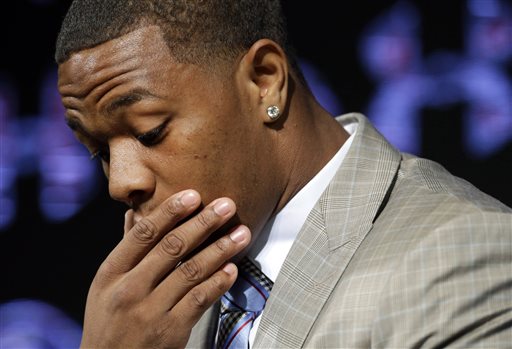 Baltimore Ravens running back Ray Rice pauses as he speaks during an NFL football news conference, Friday, May 23, 2014, at the team's practice facility in Owings Mills, Md. Rice and his wife Janay spoke to the media for the first time since his arrest for assaulting his then-fiance at a casino in Atlantic City, N.J.  (AP Photo/Patrick Semansky)