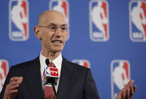 NBA Commissioner Adam Silver gestures as he answers reporters' questions during a news conference before the NBA draft lottery in New York, Tuesday, May 20, 2014.  (AP Photo/Kathy Willens)