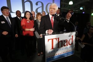 U.S. Sen. Thad Cochran, R-Miss., addresses supporters and volunteers at his runoff election victory party Tuesday, June 24, 2014, at the Mississippi Children's Museum in Jackson, Miss. Cochran defeated state Sen. Chris McDaniel of Ellisville, in a primary runoff for the GOP nomination for senate. (AP Photo/Rogelio V. Solis)