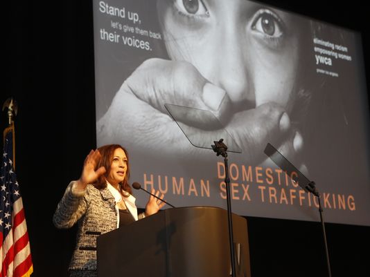 California Attorney General Kamala Harris addresses the Domestic Human Trafficking symposium in Los Angeles, Friday, April, 25, 2014. (AP Photo)