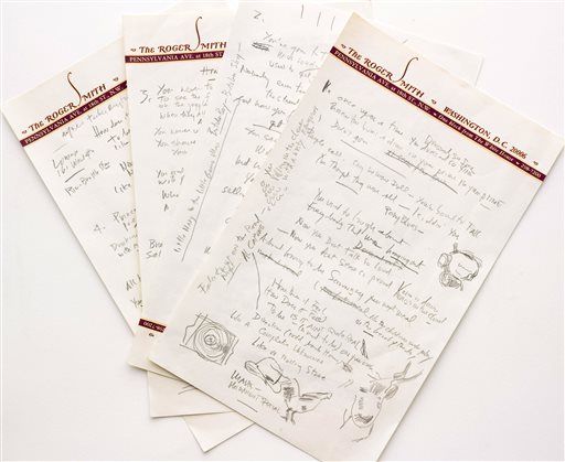 This undated file photo provided by Sothebys shows a working draft of Bob Dylans Like a Rolling Stone, one of the most popular songs of all time. The draft, in Dylans own hand, is coming to auction in New York on Tuesday, June 24, 2014, where it could fetch an estimated $1 million to $2 million. Sothebys says it is the only known surviving draft of the final lyrics for this transformative rock anthem. (AP Photo/Sothebys, File)
