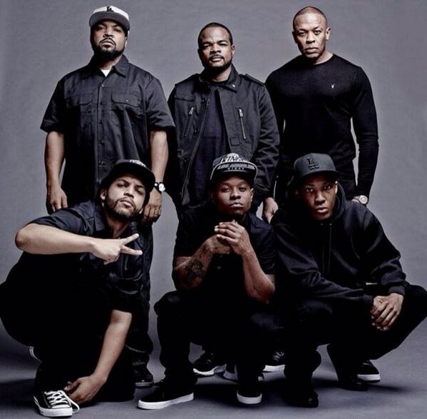 "Straight Outta Compton" cast: (bottom l-r) O'Shea Jackson, Jr., Jason Mitchell, Corey Hawkins, (top l-r) Ice Cube, F. Gary Gray and Dr. Dre