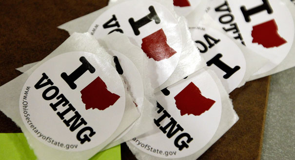 Ohio voting stickers are shown. (AP Photo)