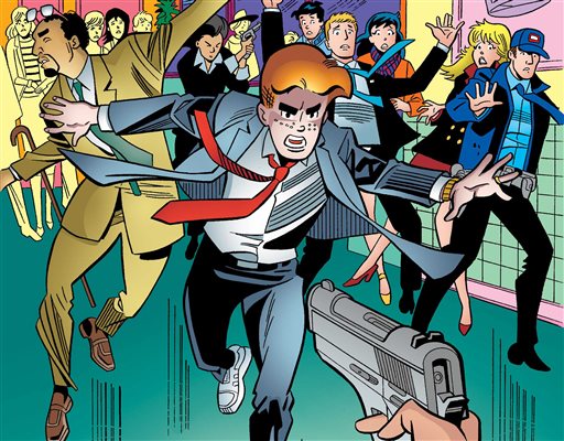This image provided by Archie Comics shows Archie in his final moments of life in the comic book, "Life with Archie," issue 37. Archie Andrews will die taking a bullet for his gay best friend. The famous freckle-faced comic book icon will die in the July 16, 2014 installment of "Life with Archie" while intervening in the assassination of Kevin Keller, Archie Comics' first openly gay character. (AP Photo/Archie Comics)