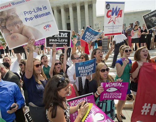 Demonstrator react to hearing the Supreme Court's decision on the Hobby Lobby case outside the Supreme Court in Washington, Monday, June 30, 2014. The Supreme Court says corporations can hold religious objections that allow them to opt out of the new health law requirement that they cover contraceptives for women. (AP Photo/Pablo Martinez Monsivais)
