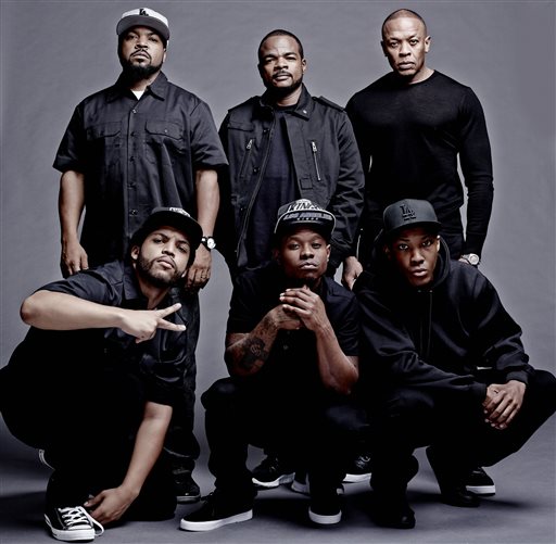 This photo released by Universal Pictures shows the cast and filmmakers of "Straight Outta Compton, " clockwise, from top left, producer Ice Cube, director F. Gary Gray, producer Dr. Dre, Corey Hawkins (Dr. Dre), Jason Mitchell (Eazy-E) and O'Shea Jackson Jr. (Ice Cube).   (AP Photo/Universal Pictures, Todd MacMillan)