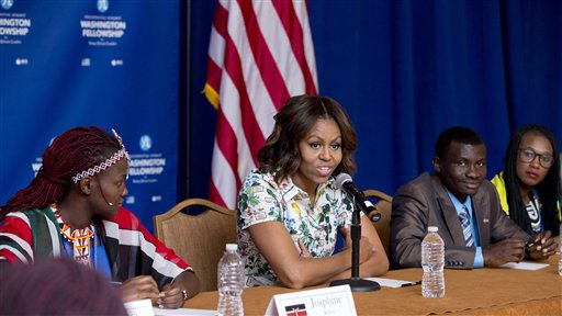 First lady Michelle Obama speaks to selected participants of the Presidential Summit for the Washington Fellowship for Young African Leaders in Washington, Wednesday, July 30, 2014, during a roundtable discussion.  (AP Photo/Manuel Balce Ceneta)