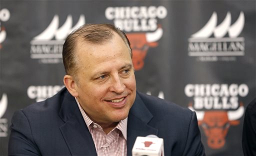 Chicago Bulls basketball head coach Tom Thibodeau smiles as the Bulls' introduce their first and second round draft picks during a news conference Monday, June 30, 2014, in Deerfield, Ill. (AP Photo/Charles Rex Arbogast)