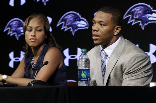  In this May 23, 2014, file photo, Baltimore Ravens running back Ray Rice, right, speaks alongside his wife, Janay, during a news conference, Friday, May 23, in Owings Mills, Md. Rices two-game suspension for domestic violence begins Saturday, a punishment handed down after grainy video showed him dragging his then-fiancee off a casino elevator unconscious Feb. 15. He has not divulged what happened in the elevator except to call his actions "totally inexcusable'' at a news conference after his suspension was announced. His assault charges could be expunged once he completes a diversion program. So the NFL gave him the only punishment he likely faces in a suspension and a fine that totals more than $500,000. (AP Photo/Patrick Semansky, File)
