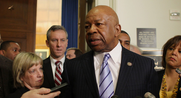 Rep. Elijah Cummings, D-Md., ranking member of the House Oversight and Government Reform Committee, talks with reporters on Capitol Hill in Washington, Wednesday, March 5, 2014, after former Internal Revenue Service (IRS) official Lois Lerner invoked her constitutional right not to incriminate herself and did not testify before the committee's hearing on the targeting of tea party groups. (AP Photo/Lauren Victoria Burke)