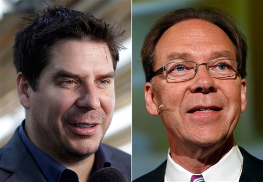 This combination made from file photos shows Brightstar CEO Marcelo Claure, left, and longtime Sprint CEO Dan Hesse. Sprint on Wednesday, Aug. 6, 2014 said it is replacing Hesse with Claure on the heels of a report that it is dropping its bid for rival wireless carrier T-Mobile. Sprint says the 43-year-old Claure will replace Hesse on Monday, Aug. 11, 2014. (AP Photo)