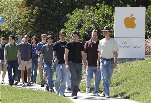 In this Aug. 25, 2011 file photo, Apple employees walk between buildings at Apple headquarters in Cupertino, Calif. A breakdown released Tuesday, Aug. 12, 2014 by Apple Inc. showed 54 percent of the company's technology jobs in the U.S. are handled by whites and another 23 percent by Asians. Men make up 80 percent of Apple's technology workforce throughout the world. (AP Photo/Paul Sakuma, File)