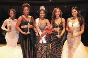 (left to right) 3rd Runner Up Terra Strong (Miss Black Ohio), 1st Runner Up Gabrielle Lewis (Miss Black Tennessee), The Winner of The Miss Black USA 2014 Pageant: Jasmine Alexander (Miss Black Colorado), 2nd Runner Up Jasmine Johnson (Miss Black California) and 4th Runner Up Alexandra Morton (Miss Black Washington). (Courtesy of the Afro-American Newspaper)