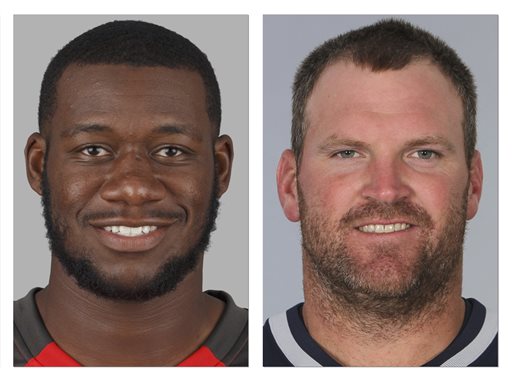 From left are 2014, file photos showing Tampa Bay Buccaneers' Tim Wright, and New England Patriots' Logan Mankins. The Buccaneers addressed a need to upgrade their struggling offensive line by obtaining six-time Pro Bowl guard Logan Mankins from the Patriots for tight end Tim Wright and a draft pick. The deal Tuesday, Aug. 26, 2014,  comes less than 24 hours after the Bucs met with Richie Incognito to try to determine if one of the central figures in the Miami Dolphins bullying scandal might be an answer to their problems at guard. (AP Photo/File)