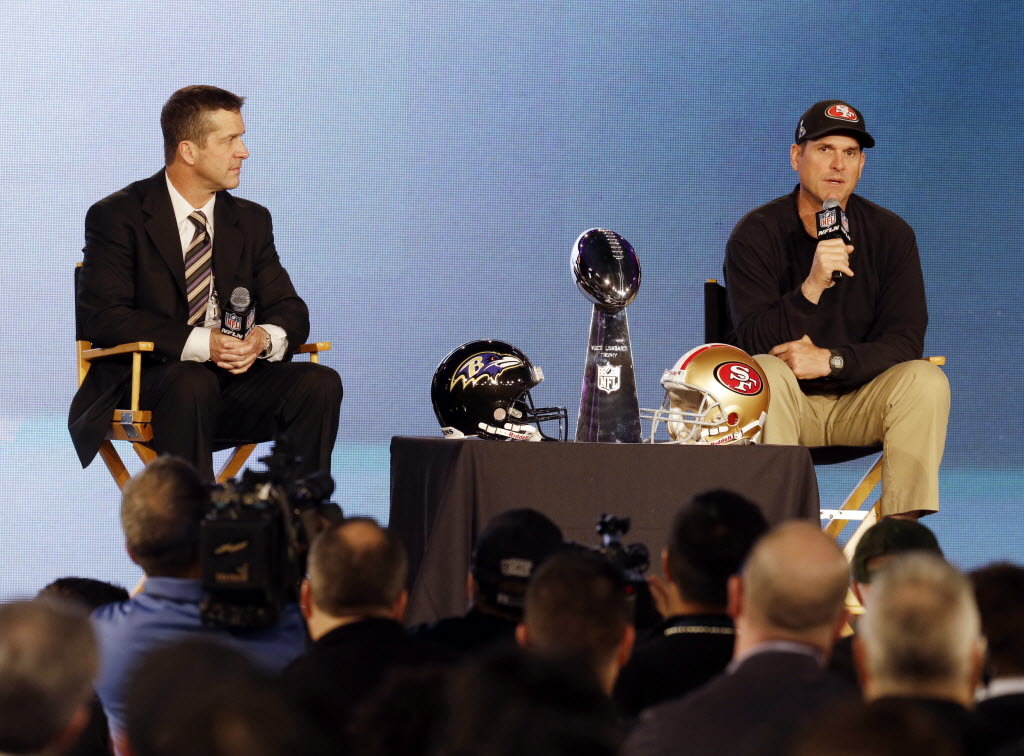 San Francisco 49ers coach Jim Harbaugh and Baltimore Ravens coach John Harbaugh participate in a news conference for Super Bowl XLVII today in New Orleans.San Francisco 49ers coach Jim Harbaugh and Baltimore Ravens coach John Harbaugh participate in a news conference for Super Bowl XLVII today in New Orleans. (Mark Humphrey/AP Photo)