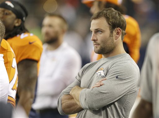 In this Aug. 28, 2014, file photo, Denver Broncos wide receiver Wes Welker (83) watches the action from the sideline in the second half of a NFL preseason football game against the Dallas Cowboys in Arlington, Texas. The NFL reached an agreement with the players association on changes to its performance-enhancing drug policy, including the addition of human growth hormone testing, which will allow the Welker and two other previously suspended players to return to their teams this week. Under the new rules announced Wednesday, Sept. 17, 2014, players who test positive for banned stimulants in the offseason will no longer be suspended. Instead, they will be referred to the substance abuse program. (AP Photo/LM Otero, File)