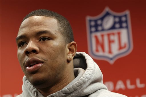 In this Jan. 16, 2013, file photo, Baltimore Ravens running back Ray Rice speaks during a news conference at the team's practice facility in Owings Mills, Md. At least four television networks say they plan to stop or minimize airings of video showing football player Rice striking his fiancee, footage that has called into question how the NFL disciplines players involved in domestic violence. The video from a casino elevator showing Janay Palmer crumbling to the floor after a punch has already been seen many times on TV since TMZ released it Monday, Sept. 8, 2014. (AP Photo/Patrick Semansky, File)